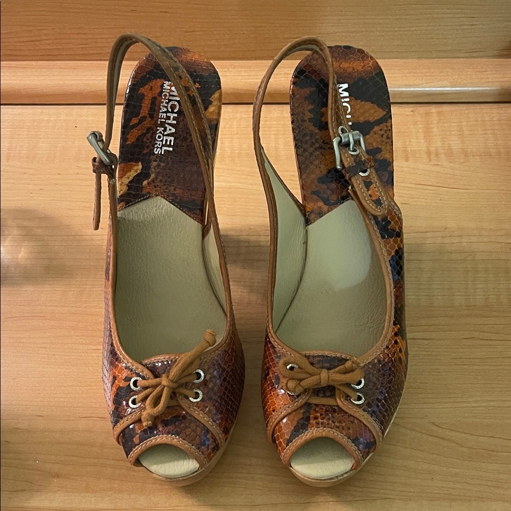 Michael Kors Brown Peep-Toe Wedge Sandals